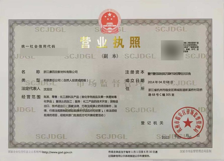 Business registration preview with sensitive company identifiers and QR code obscured
