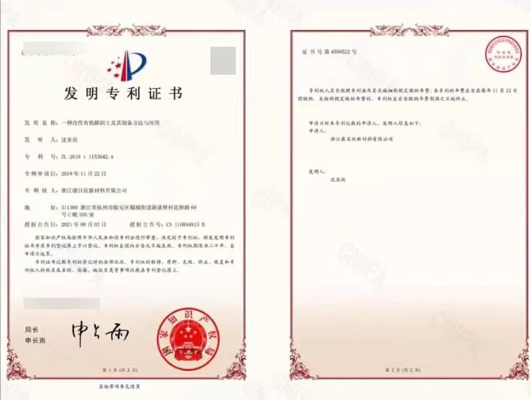Organoclay patent certificate preview with sensitive identifiers obscured